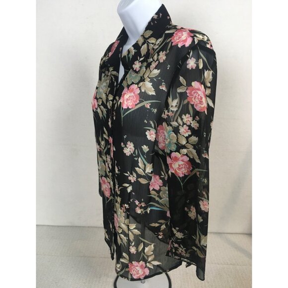 Notation Top Women Size L Black w Pink Blue Flowers Button Down Sheer Blouse - Picture 4 of 11
